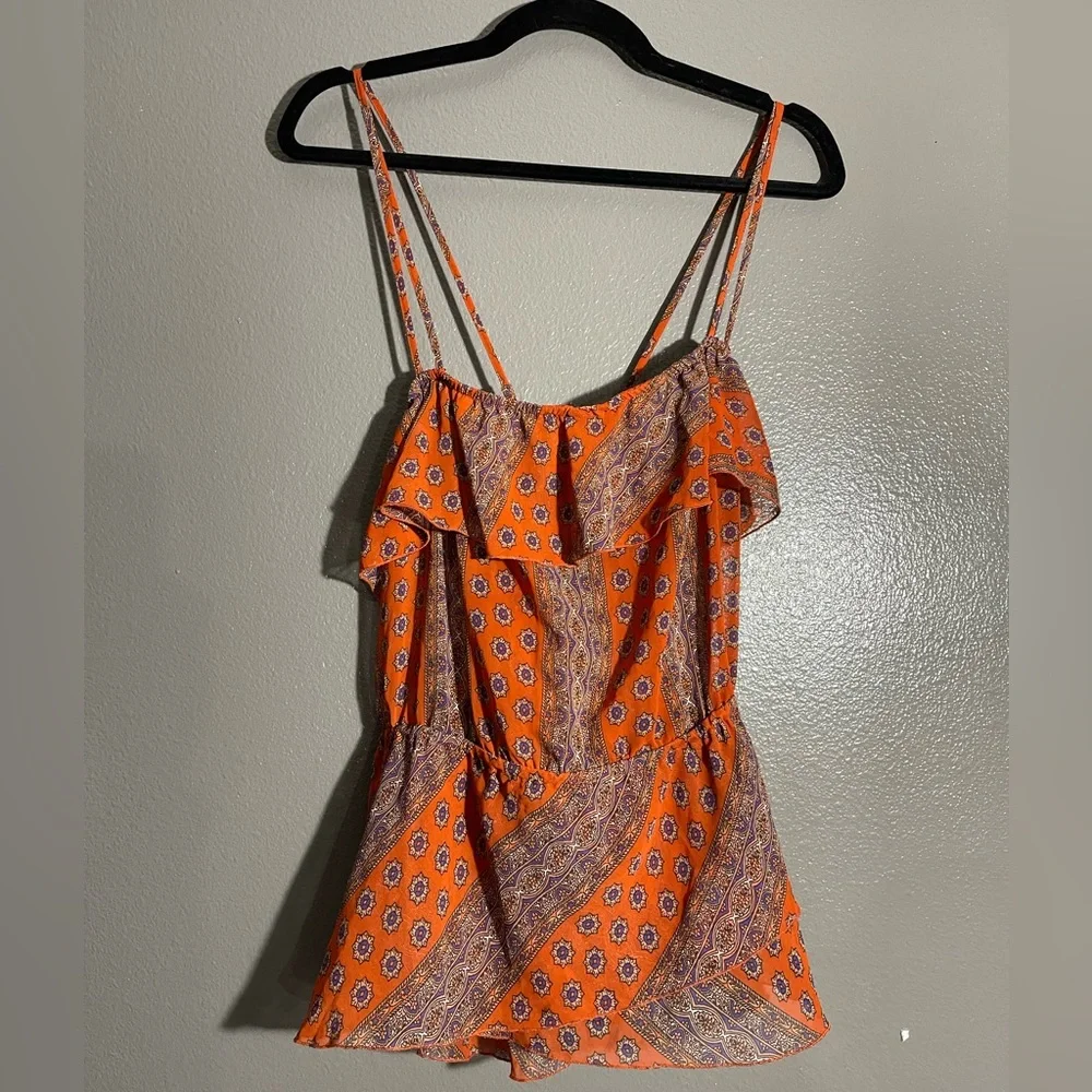 Y2K Guess Spaghetti Strap Burnt Orange Chiffon Peplum Blouse Size L - Picture 1 of 10